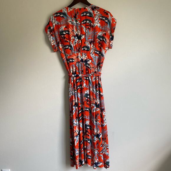 LOFT Womens Floral Short Capped Sleeve Button Down Dress with Belt in Red Size 6 - Picture 13 of 15